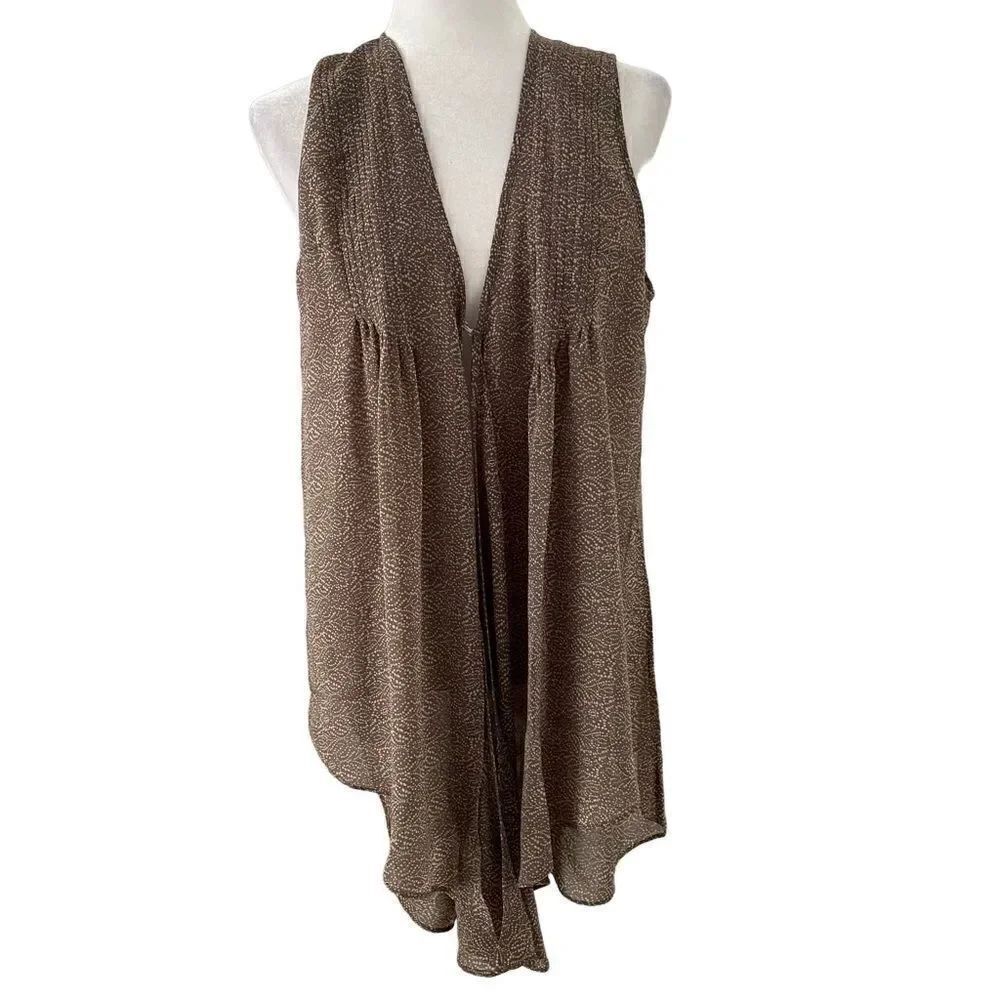 CAbi #365 Sheer Printed Brown Caridgan Vest Chiffon Lagenlook Sleeveless M
